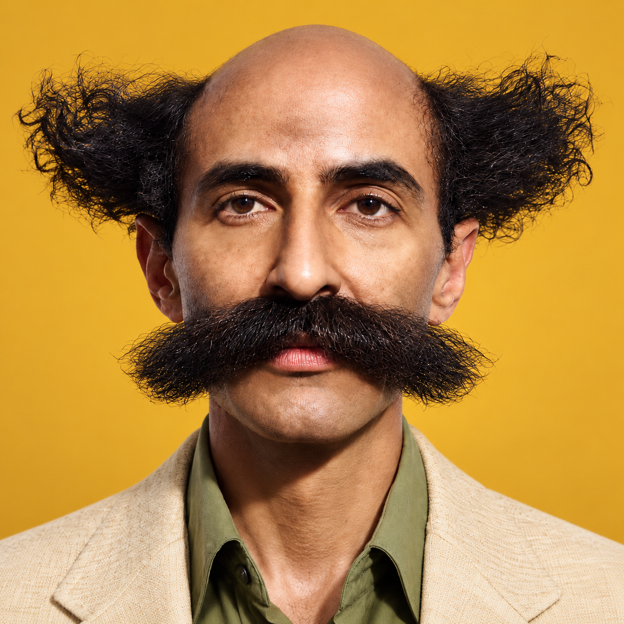Janab Jhatpat in a cream blazer with his magnificent moustache